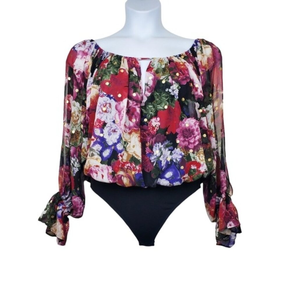 Express Womens Dot Floral Print Chiffon Off The Shoulder Bodysuit Top Size M NWT